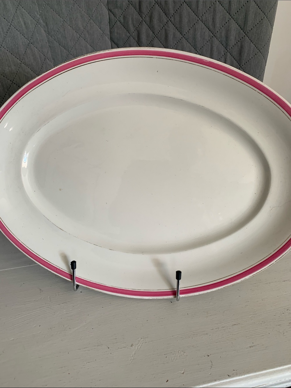 #542 White Ceramic Oval Platter with Pink Rim